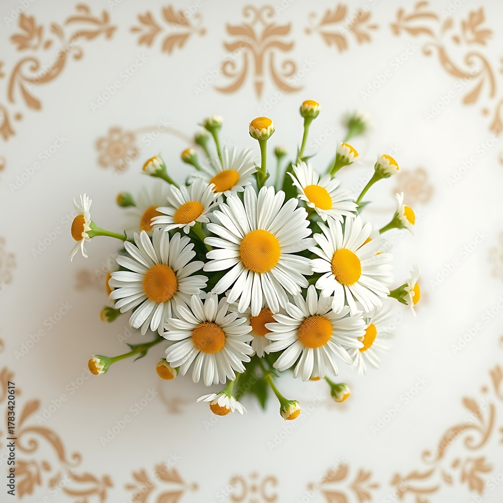 Obraz premium Botanical style, three-quarter top-down view, a boquet of daisies. Cottage vibes.