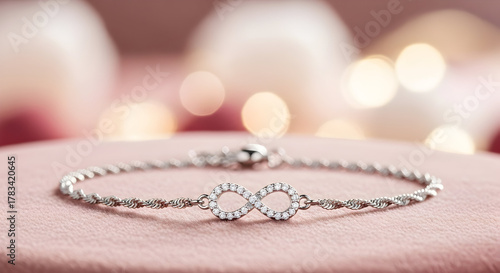 Elegant sterling silver infinity bracelet sparkling with diamonds on a soft pink textured background, perfect for gifting.