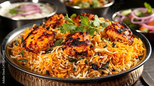 Delicious chicken biryani, a popular Indian dish, served with raita and salad.