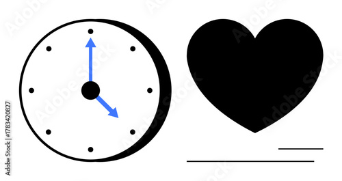 Clock face with blue arrows pointing at different times next to a heart silhouette. Ideal for time, love, emotion, relationships, scheduling, balance, self-care. Simple flat metaphor