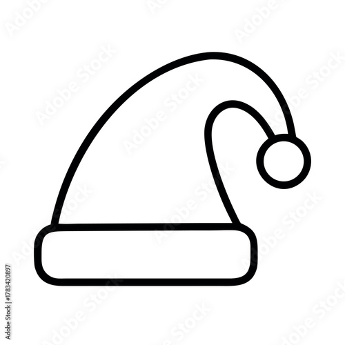 Simple black and white line drawing of a classic santa claus hat with a pom pom