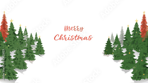 Festive merry christmas greeting card with a snowy forest of evergreen trees and golden star ornaments