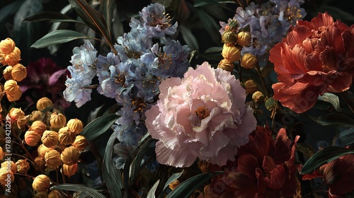Floral still life composition showcasing pink, blue, yellow, and red flowers in a bouquet.