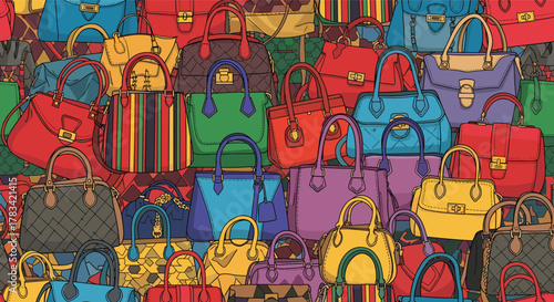 A colorful and diverse collection of handbags and purses in various styles and colors.
