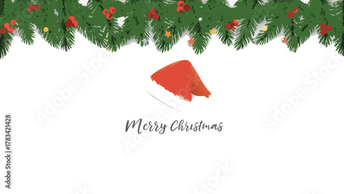 Festive merry christmas greeting card featuring a santa hat and decorated evergreen branches against a white background