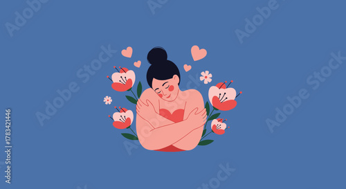 Woman hugging herself surrounded by flowers and hearts symbolizing self-love and care.