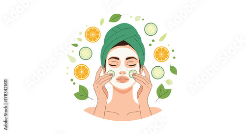 Young woman with a green towel on her head and a facial mask enjoys a beauty treatment with cucumber and orange slices.