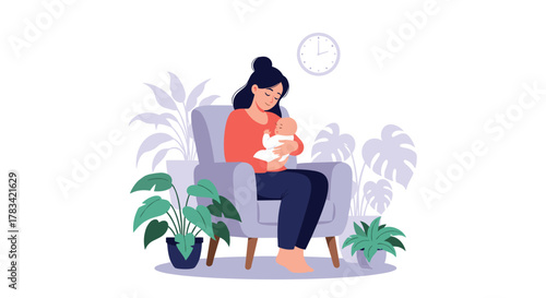 A mother gently holds her baby while sitting in a chair surrounded by plants and a clock on the wall.