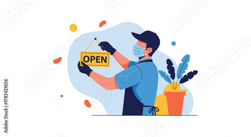 A person wearing a mask and gloves hangs an open sign to welcome customers back.