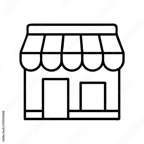 Simple outline icon of a storefront with awning and two doors