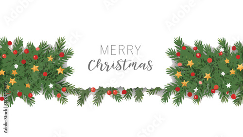 Festive merry christmas greeting card with decorated pine branches and red baubles and gold stars