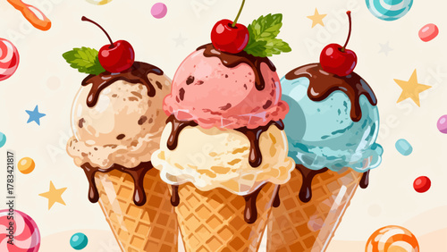 Ice cream desserts, ice cream cones, cartoon hand-drawn vector illustrations