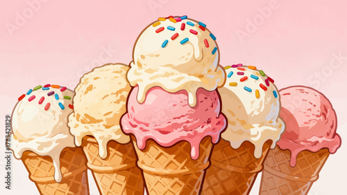 Ice cream desserts, ice cream cones, cartoon hand-drawn vector illustrations