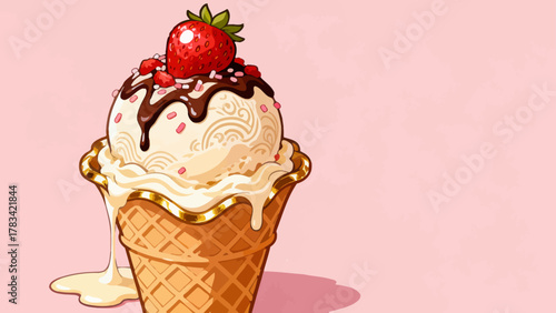 Ice cream desserts, ice cream cones, cartoon hand-drawn vector illustrations