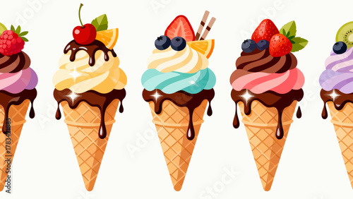 Ice cream desserts, ice cream cones, cartoon hand-drawn vector illustrations