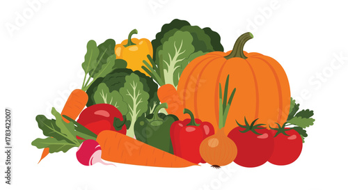 A vibrant assortment of fresh vegetables including a pumpkin, peppers, tomatoes, carrots, and leafy greens.