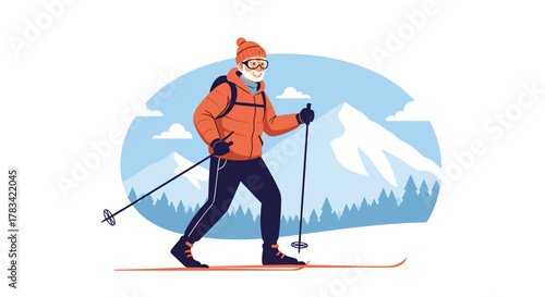 Elderly man cross country skiing through a snowy mountain landscape.