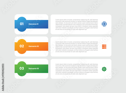 3 points infographic with gradient style with long rectangle box with capsule badge header on stacked vertical list with 3 elements stages