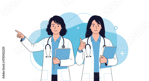 Two friendly female doctors in white coats with stethoscopes and clipboards, one pointing and the other giving a thumbs up.