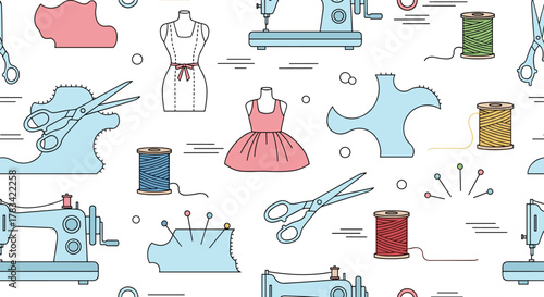 Seamless pattern of sewing and tailoring tools and elements on a white background.