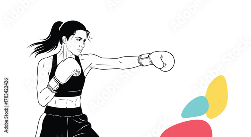 Line art illustration of a female boxer throwing a punch with boxing gloves on.