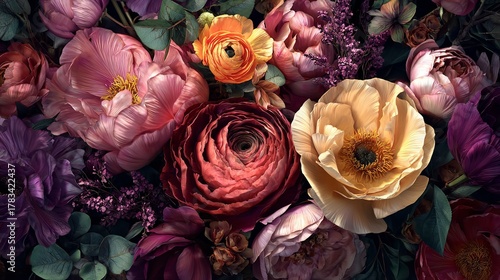 A Lush Bouquet of Flowers in Romantic Hues with Dark and Moody Lighting
