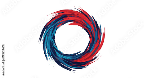 Abstract swirling vortex of red and blue brush strokes against a white background.