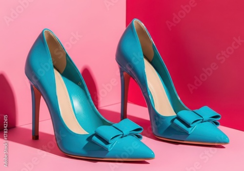Elegant teal high heel shoes with bow detail