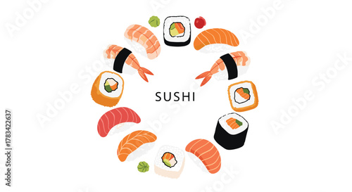 Circle of assorted sushi and rolls with the word sushi in the center on a white background.