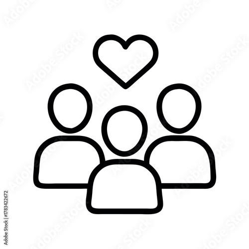 Simple line art icon depicting three people with a heart symbol above them