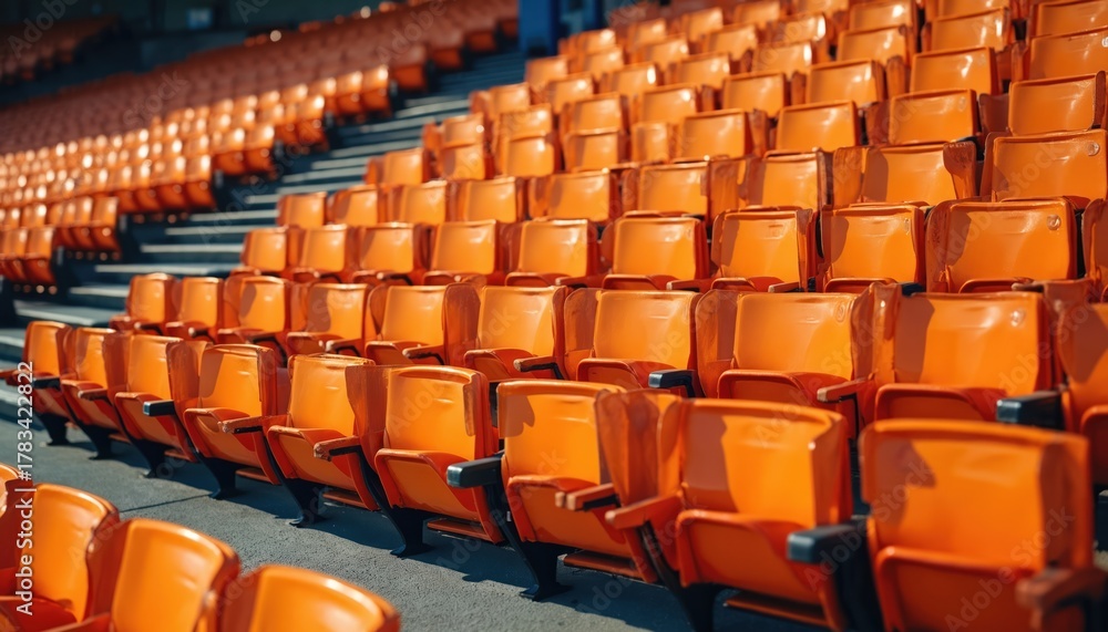 Naklejka premium Empty orange plastic seats in rows fill a large sport stadium tribune under bright sunlight. The arena is vacant, waiting for an audience to fill the stands for an event. Ready for a game or show.