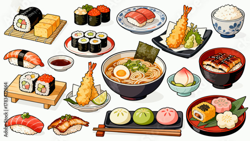 apanese cuisine, sushi, eel rice, ramen, seaweed rice, fried shrimp, kebabs, salmon, caviar, etc., with cartoon hand-drawn vector illustrations