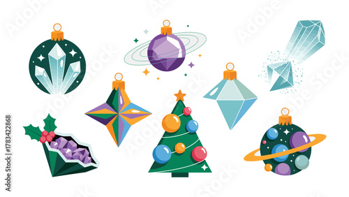 Celestial Ornament Collection: A vibrant illustration showcasing an array of unique Christmas ornaments with celestial and geometric designs.