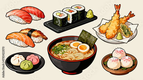 apanese cuisine, sushi, eel rice, ramen, seaweed rice, fried shrimp, kebabs, salmon, caviar, etc., with cartoon hand-drawn vector illustrations