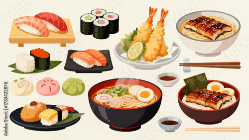 apanese cuisine, sushi, eel rice, ramen, seaweed rice, fried shrimp, kebabs, salmon, caviar, etc., with cartoon hand-drawn vector illustrations