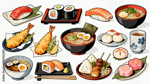 apanese cuisine, sushi, eel rice, ramen, seaweed rice, fried shrimp, kebabs, salmon, caviar, etc., with cartoon hand-drawn vector illustrations