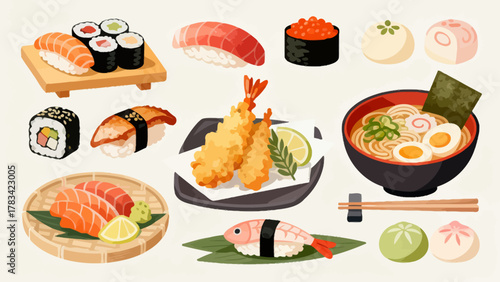 apanese cuisine, sushi, eel rice, ramen, seaweed rice, fried shrimp, kebabs, salmon, caviar, etc., with cartoon hand-drawn vector illustrations