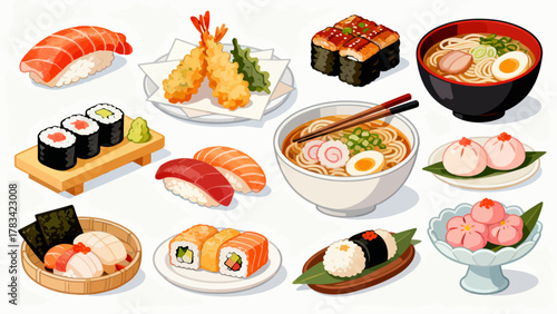 apanese cuisine, sushi, eel rice, ramen, seaweed rice, fried shrimp, kebabs, salmon, caviar, etc., with cartoon hand-drawn vector illustrations