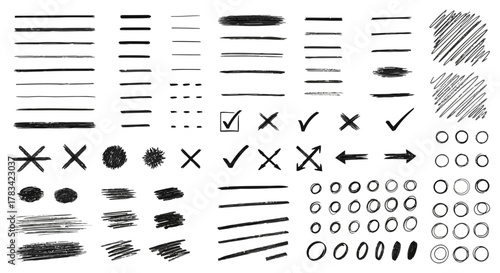 Collection of hand drawn black ink brush strokes check marks crosses arrows dots and circles on white background