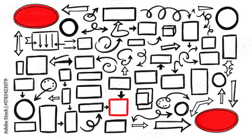 Collection of hand drawn flowchart shapes and arrows in black and white with red accents for emphasis on white background