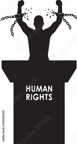 Person breaking chains on podium symbolizing freedom and human rights celebration