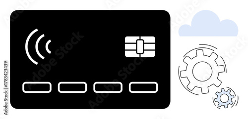 Black contactless payment card with chip, transmission waves, blue cloud, and gears. Ideal for finance, fintech, innovation, technology automation digital strategy modernization. Simple flat
