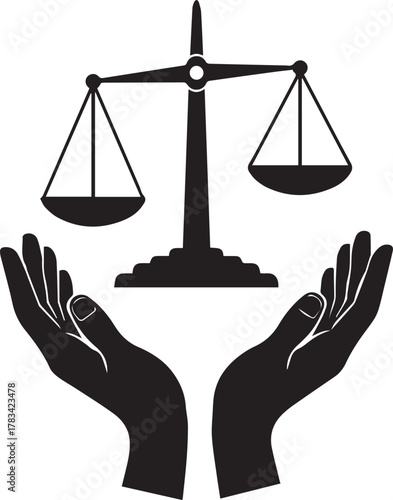 Human rights symbol scales of justice held by caring hands abstract silhouette concept