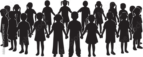 Diverse children silhouettes holding hands forming circle celebrating human rights day unity