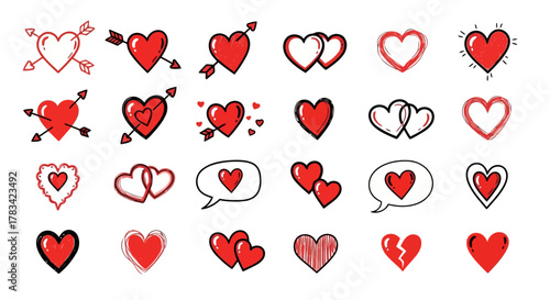 Collection of hand drawn red hearts with arrows connected hearts and speech bubbles on a white background