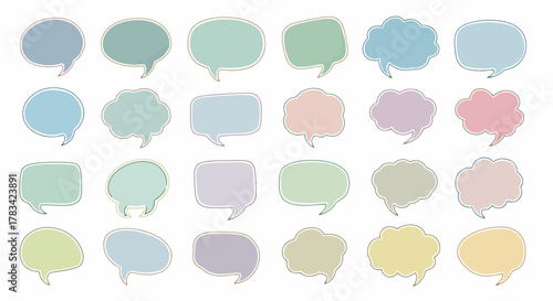 Collection of diverse pastel colored speech bubbles and thought clouds with outlines on a white background