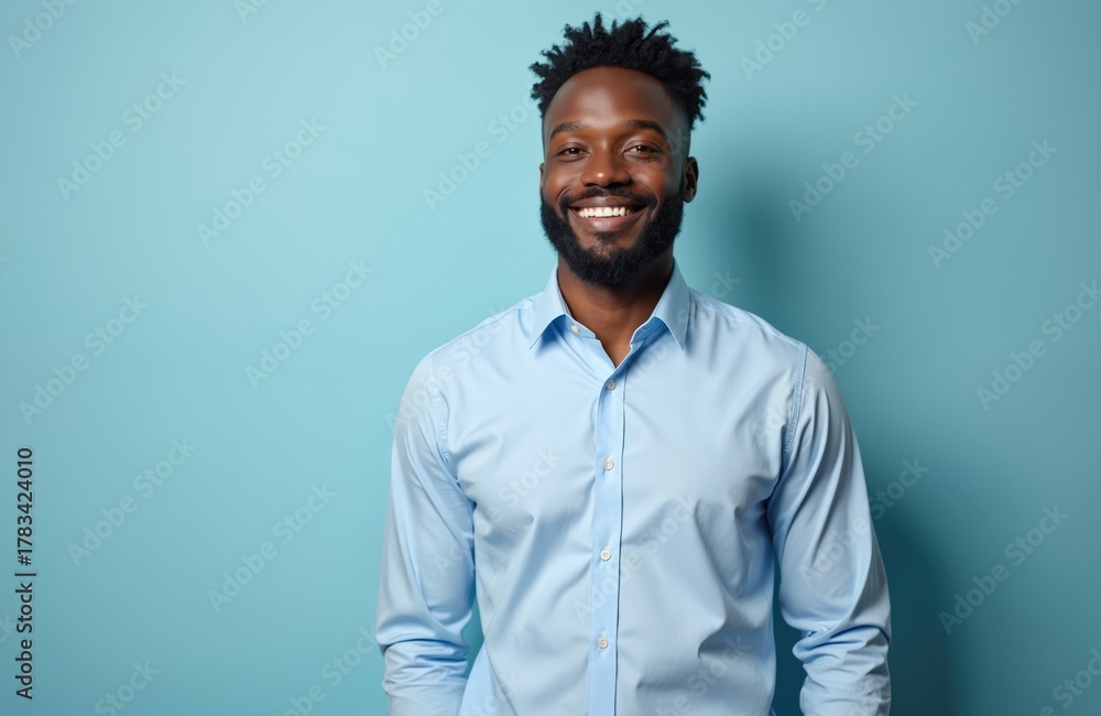 Obraz premium Young african american man smiles confidently in studio portrait. Wears light blue shirt, presents positive expression. Background solid blue creating clean, modern feel. Image represents success,