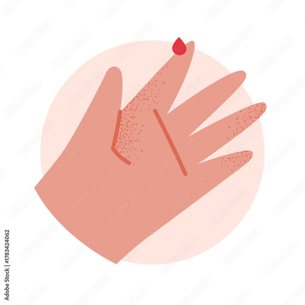Obraz premium Vector illustration of a human hand with a blood drop for glucose testing. Medical concept of diabetes checkup and health monitoring. Isolated on white background