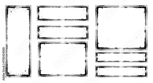 Collection of distressed and grunge style black borders and frames on a white background