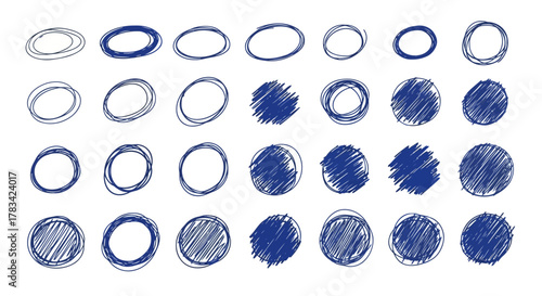Collection of hand drawn blue circles and scribbled ovals on a white background